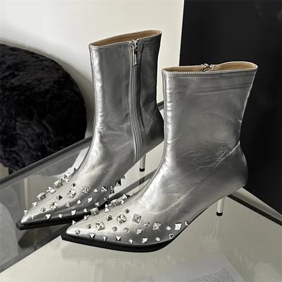 Модные сексуальные ботильоны с острым носком и боковой молнией, женские дизайнерские ботинки с кристаллами и заклепками, женские туфли-лодочки из мягкой эластичной кожи на высоком каблуке