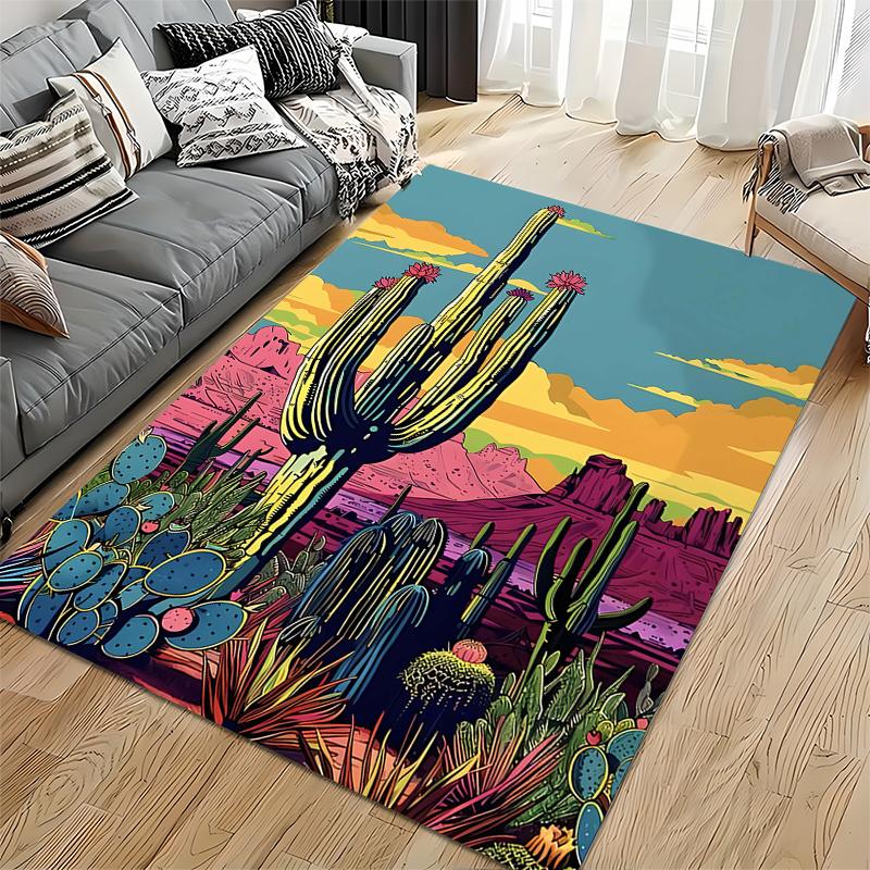 Vibrant Desert Landscape Carpet with Colorful Cacti and Sunset Scene Suitable for use as an anti-slip for living room bedroom sofas
