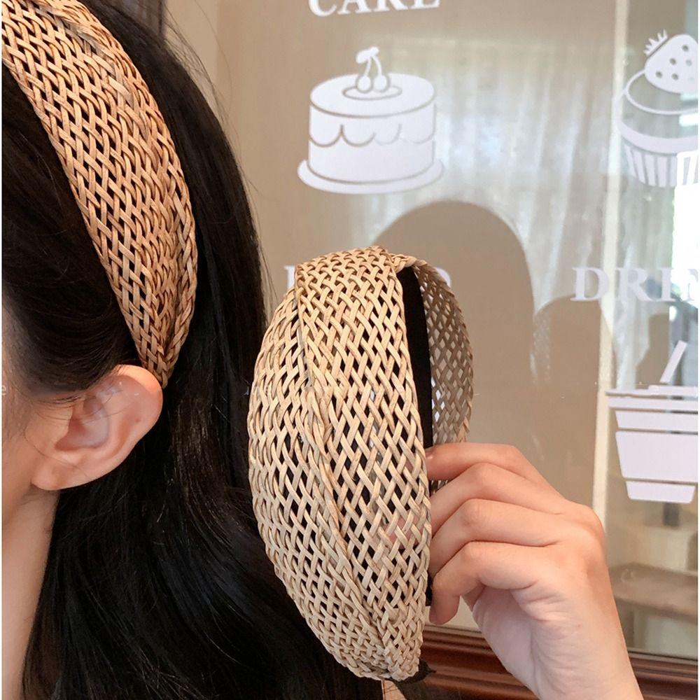 Hair Band Wide Edge Hairband Hollow Bohemian Style Hair Hoop Sweet Straw Weave Headband Women