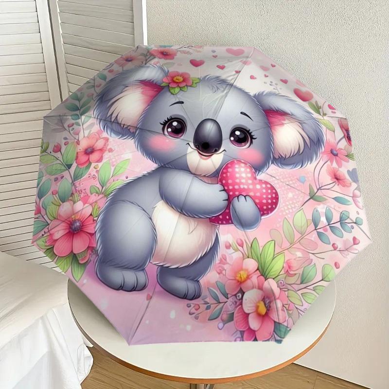1pc Cute Koala with Heart on Floral Background Umbrella with Plastic Handle,Suitable for All Seasons Home Travel Outdoor UmbrellaDD558