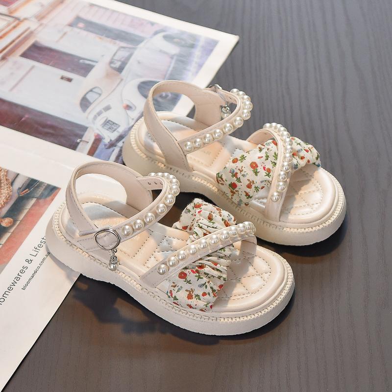 Сандалии принцессы для девочек, детские сандалии с крестообразным жемчугом, летняя модная пляжная обувь для маленьких детей, нескользящая мягкая подошва, размер 26-37