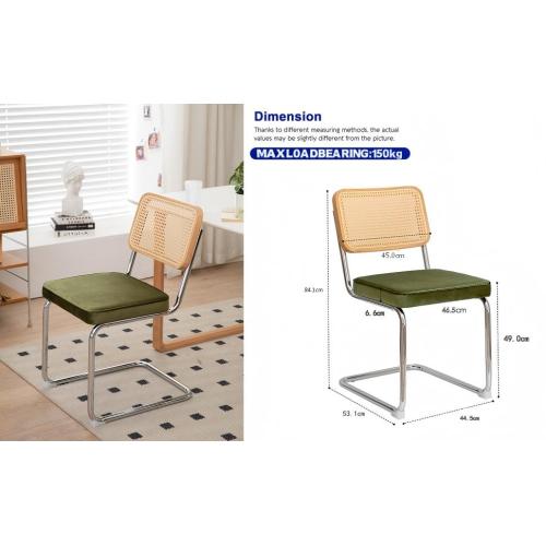 Set of 2 Dining Chairs, Cantilever Chair with Chrome Steel Frame, Rattan Back & Velvet Seat, Mid Century Style for Dining Kitchen Living Room
