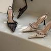 2025 новые женские босоножки на высоком каблуке с леопардовым принтом и кружевом, с острым носком и бантом, женские туфли для платья, сексуальный дизайнерский стиль, Zapatillas De Mujer