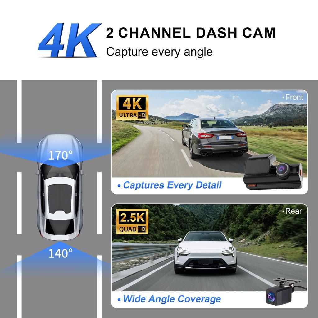 Новый 4K видеорегистратор, двойная камера, WiFi, Автомобильный DVR, Запись спереди и сзади, 4K+2.5K, Мониторинг парковки, G-сенсор, Циклическая запись