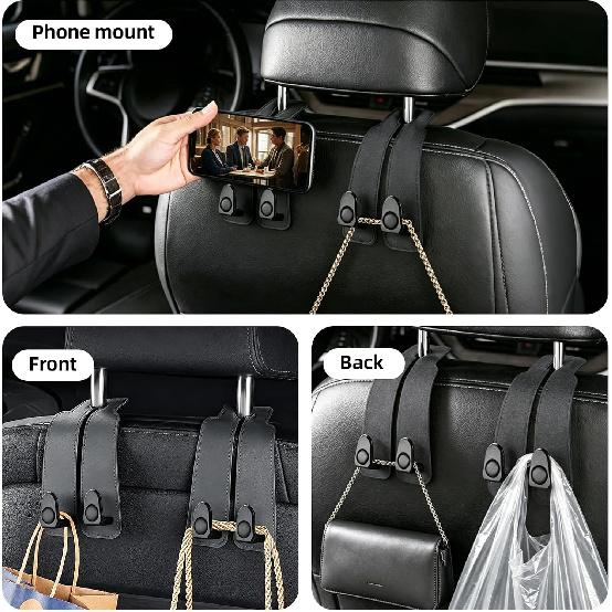 Platch Car Purse Hook 2 Pack Headrest Hooks for Car, Luxurious Leather Material, Seat Back Storage Hook Multifunctional Car Seat Hooks Keep Car Tidy