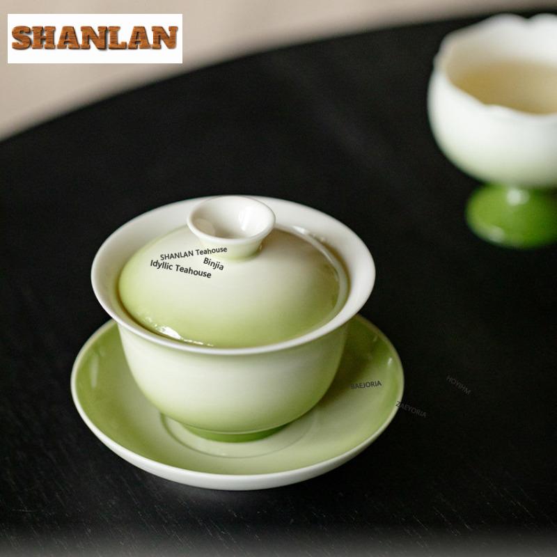 100ml Gradient Green Gaiwan Boutique Not Hot Tea Tureen Household Tea Bowl With Lid Kit Tea Maker Cover Bowl Tableware Gifts