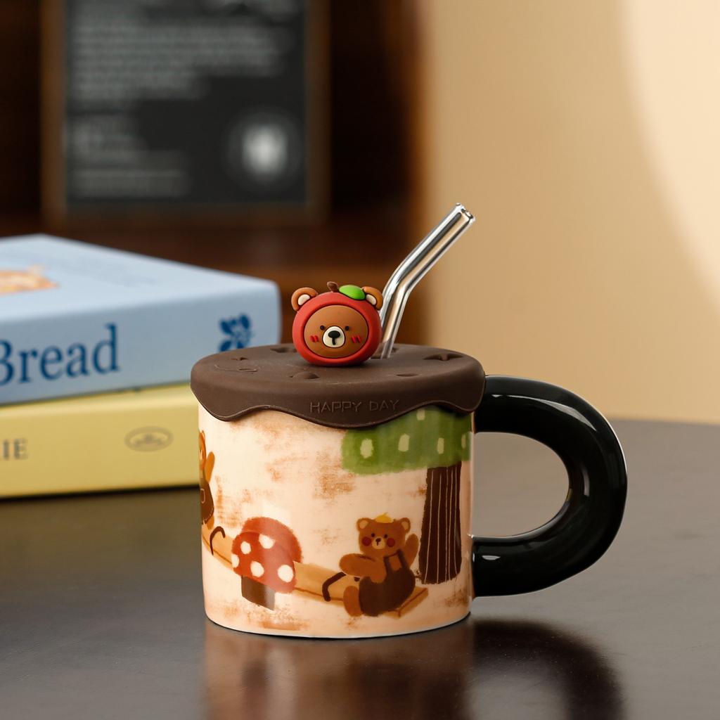 Cute Apple Bear Ceramic Cup with Silicone Lid Straw Water Cup High Precision Cute Mug Household Cup Gift