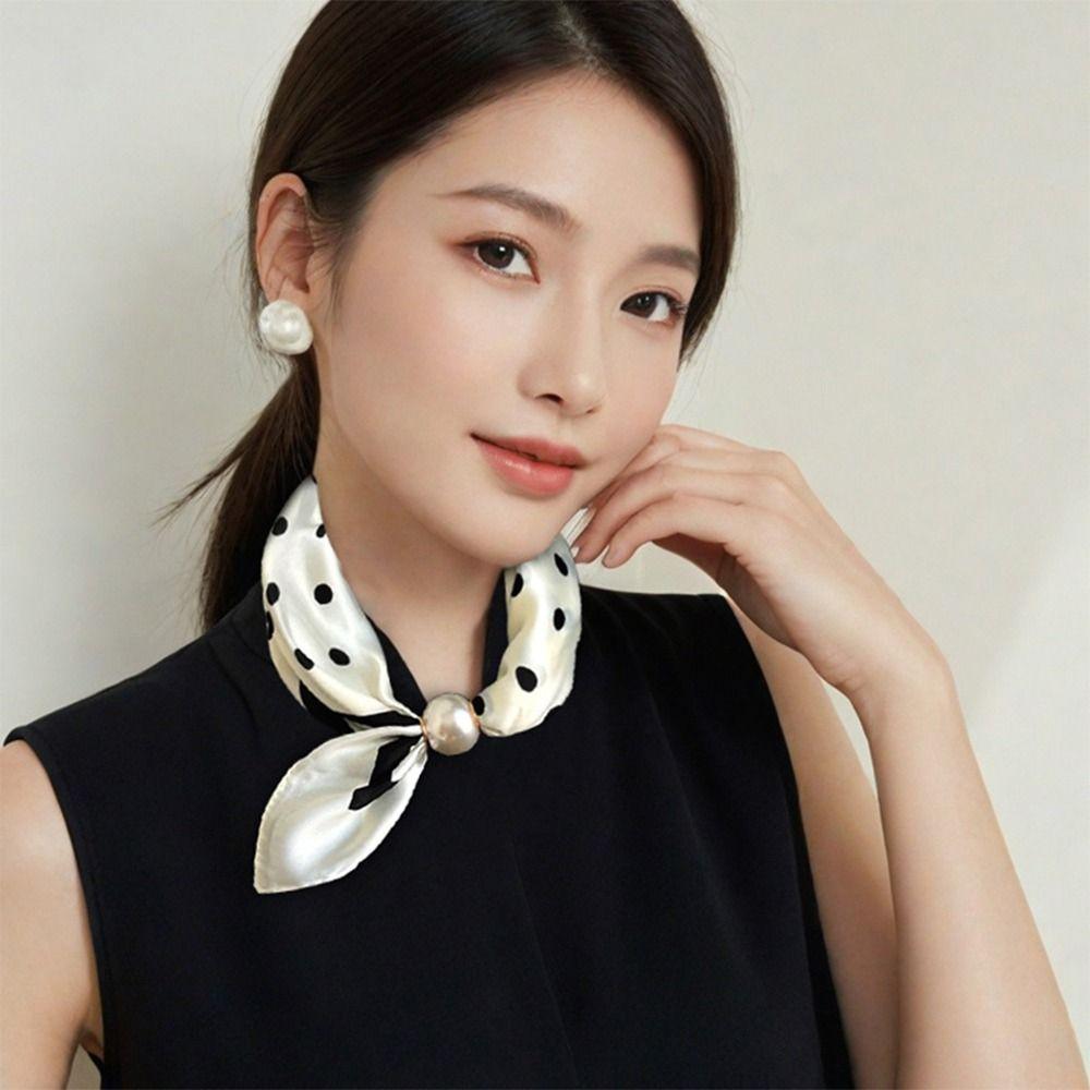Pearls Magnetic Buckles Necklace Scarves Black White Scar Covering Elegant Silk Scarf Women