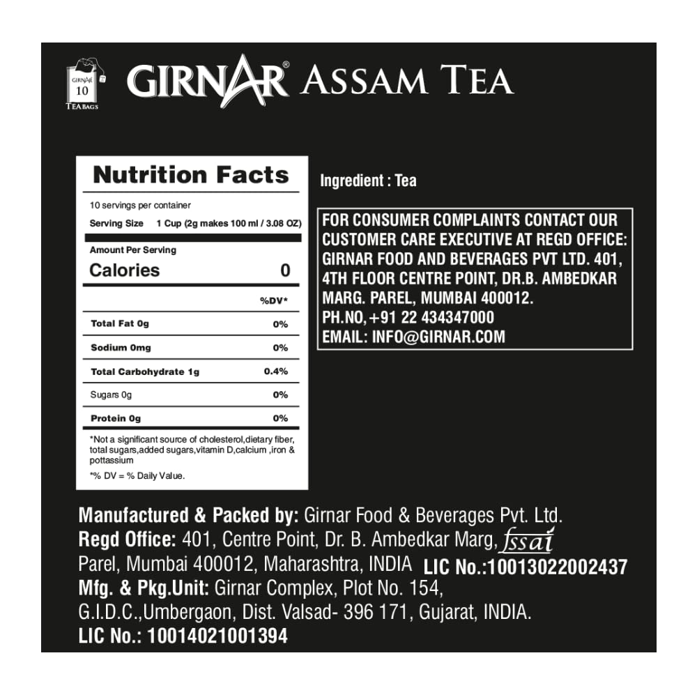 Girnar Assam Tea Черный чай одного происхождения в пакетиках с насыщенным ароматом, натуральным вкусом, индивидуально упакованных в фольгу, 10 штук