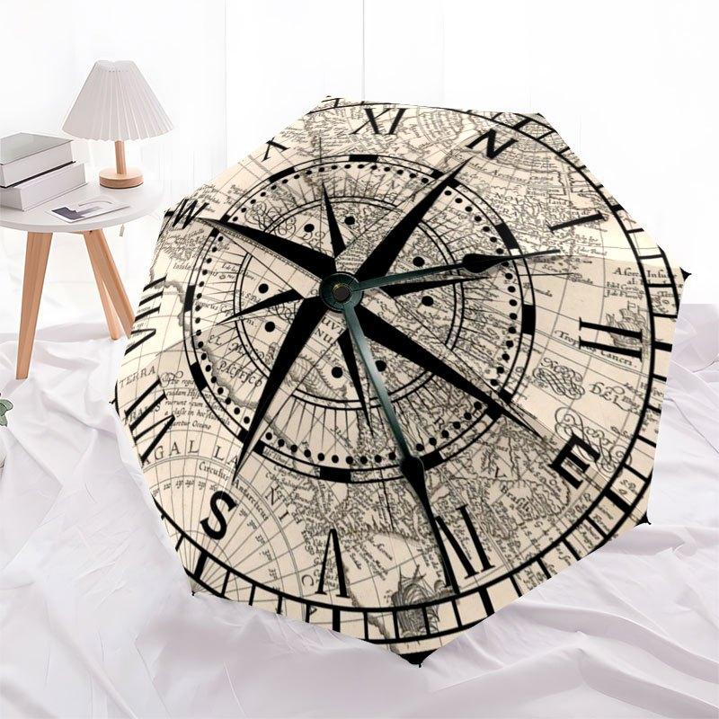 Vintage Map Compass Wall Clock Decorative Nautical Theme Home Office DecorUmbrella with Cute Design,Portable 3-Fold Compact Umbrella for Men