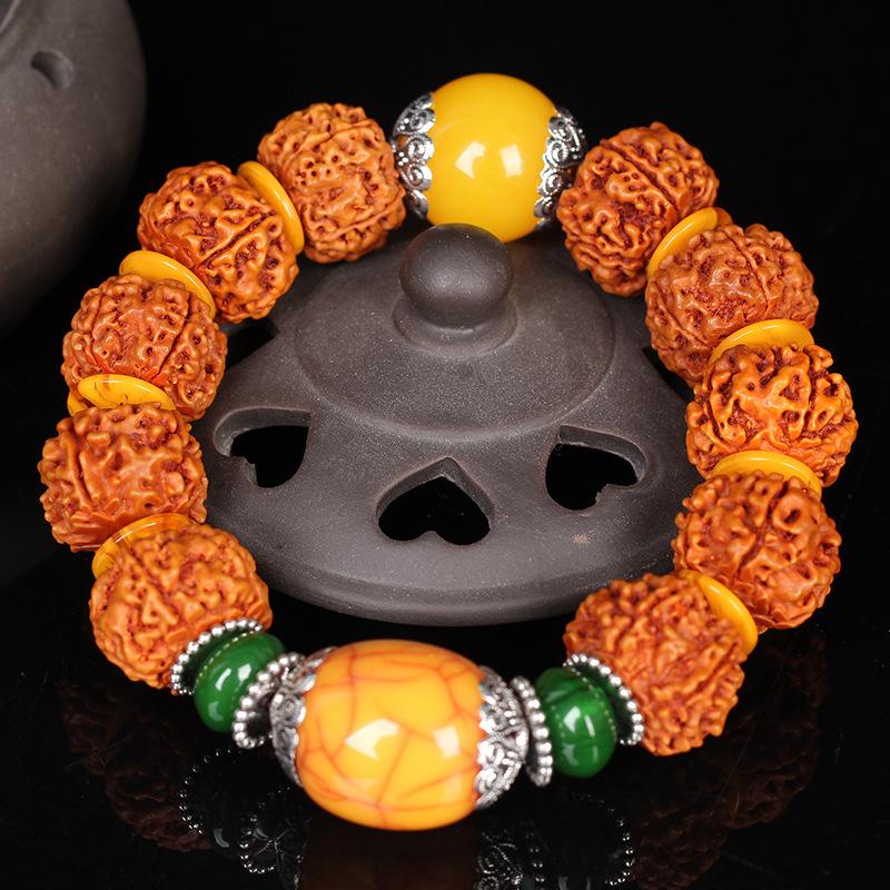 Tibetan Vajra Bodhi Seeds Bracelet with Amber, Men's Ethnic Style Prayer Beads