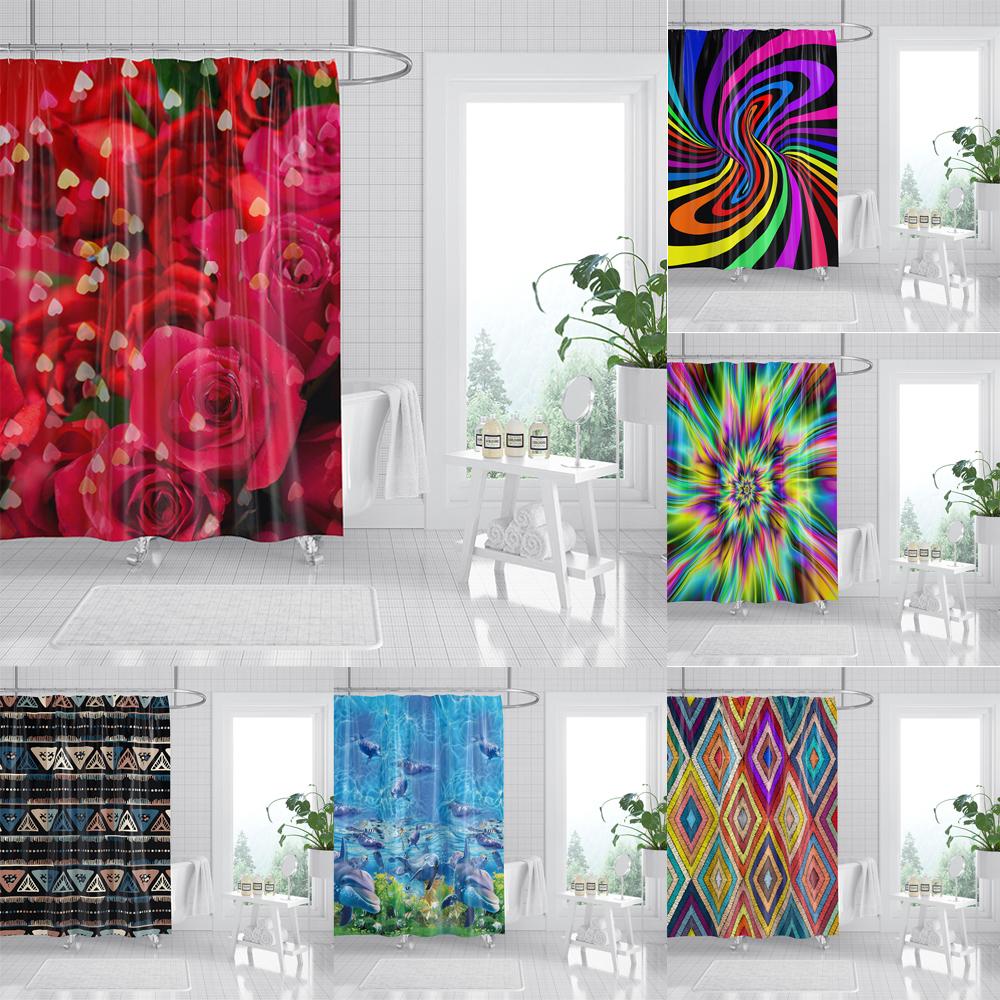 3D Flower Dolphin Bohemian Geometric Print Shower Curtain with Roller Hooks Modern Decorative Elegant Bathroom Curtains 180x180cm