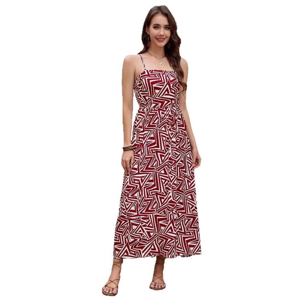 Fashion Printed Rayon Spaghetti Strap Dress, Backless Waist Tie Slimming Vacation Dress for Women