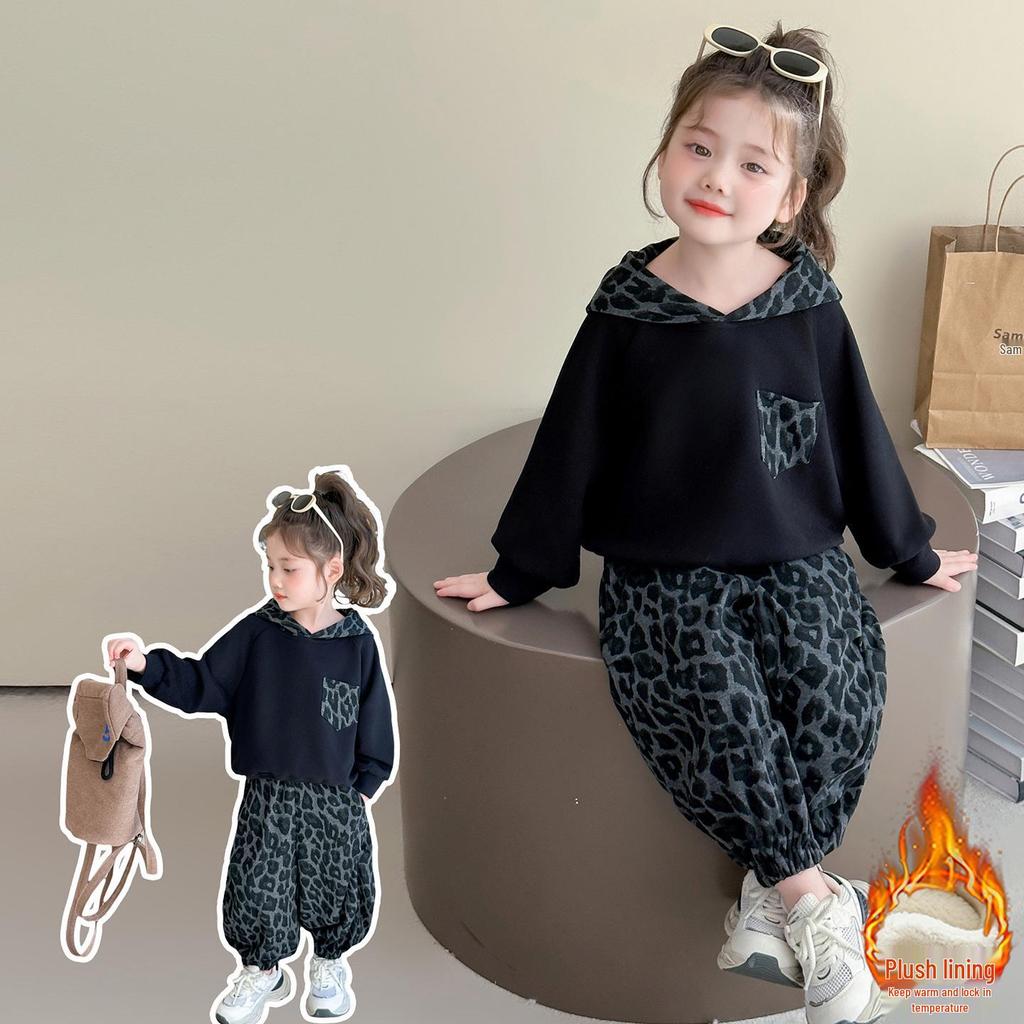 Girls' Korean-Style Leopard Print Hooded Sweatshirt and Pants Set - 2025 Spring/Autumn Fashion