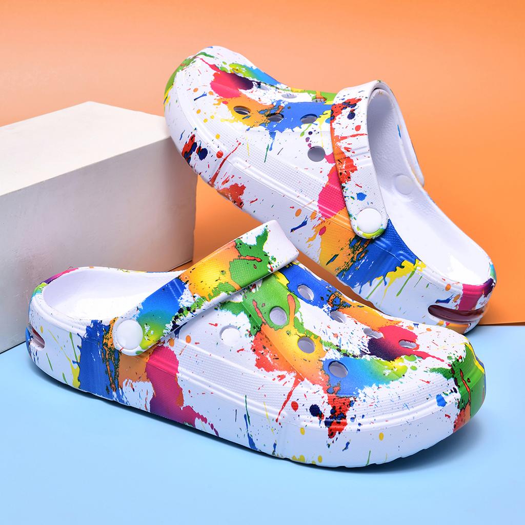 Summer Men's & Women's Sandals Tie-Dye Pattern Clogs Slip On Lightweight Two-Way Wear Garden Clogs Non-Slip Beach Slides