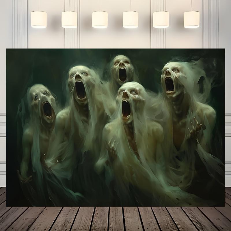 One 2D flat Halloween party polyester background cloth - ghost, zombie and fog design, suitable for festival decoration
