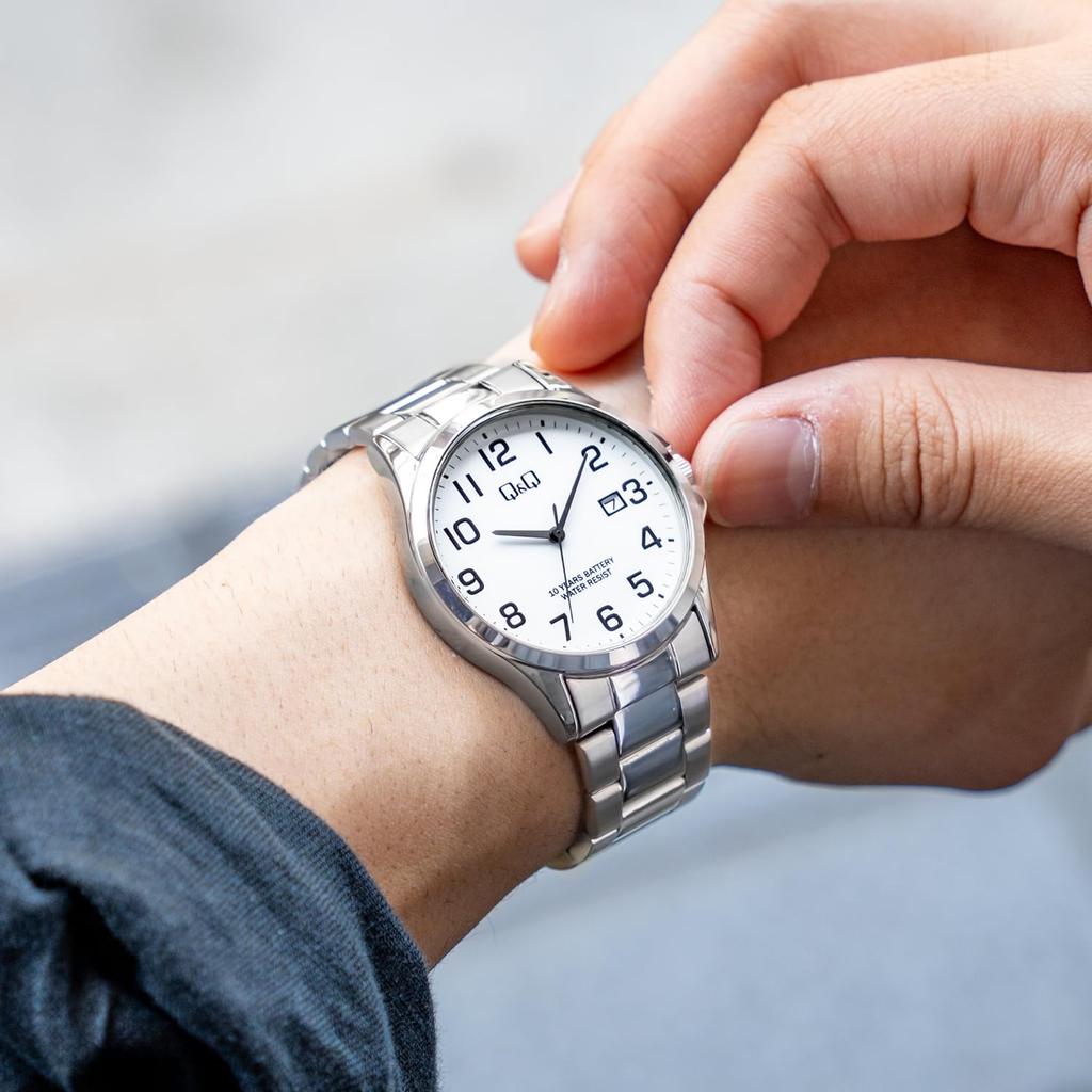 Мужские часы Citizen Analog с батарейкой, датой, металлическим корпусом, белым циферблатом, Q&Q, срок службы 10 лет, водонепроницаемые, дисплей, ремешок, A23A-001PK,