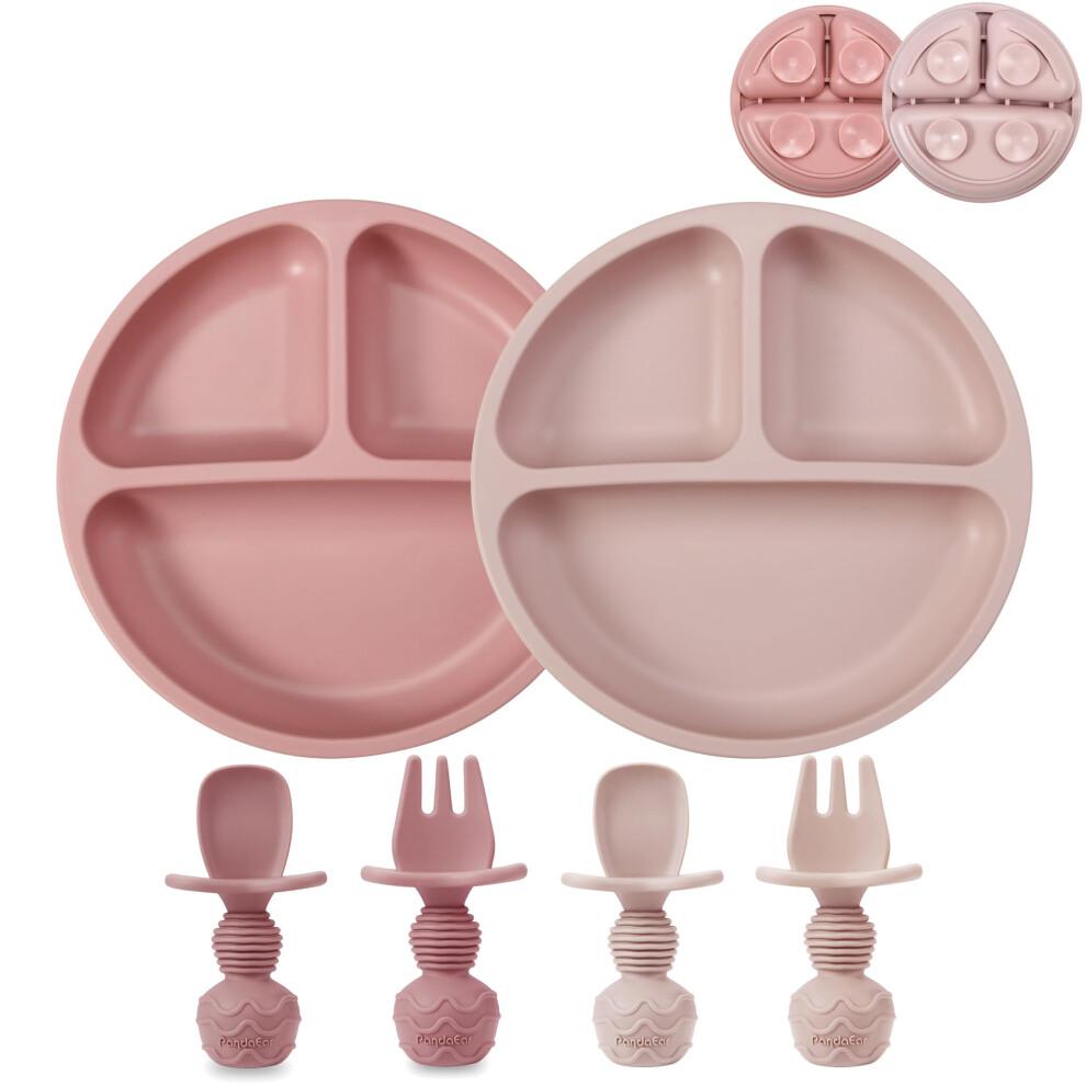 PandaEar 2 Pack Silicone Baby Suction Plates with 2 Spoons 2 Forks for Weaning Girls, Sectioned Divided Baby Weaning Plates, Toddler Dinner Plates Se