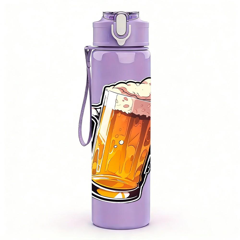1PC Beer Mug Foamy Drink Retro Print 750ml Color Plastic Sports Water Bottle Leakproof Flip Straw Lid Suitable for Sports Office Home Use
