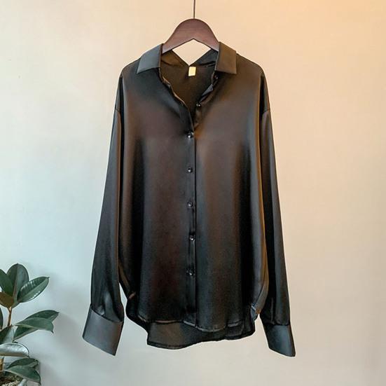 Women Shirt Lapel Long Sleeve Single Breasted Shirt Tops Solid Color Smooth Satin Loose Fit Versatile Shirt