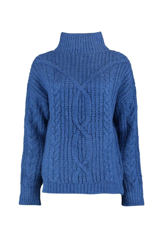 Women's Fashion New Sweater Navy Blue Soft Textured High Collar Knitwear Sweater