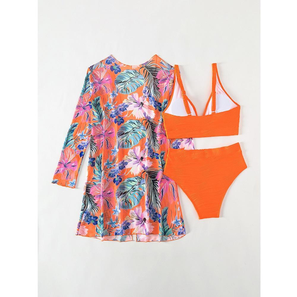 Женские комплекты бикини из трех предметов, шорты с высокой талией, купальники с длинными рукавами и принтом, пляжные бикини feminino