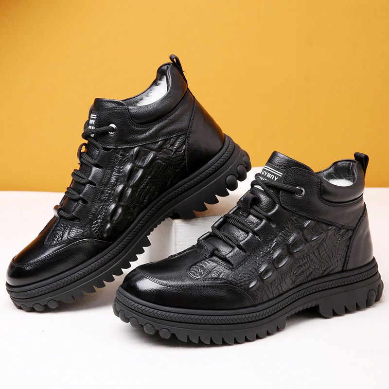 Chunky Classic Black Leather Men'S Snow Boots Winter New Super Thick Plush Warm High-Top Outdoors Hiking Sport Male Shoes