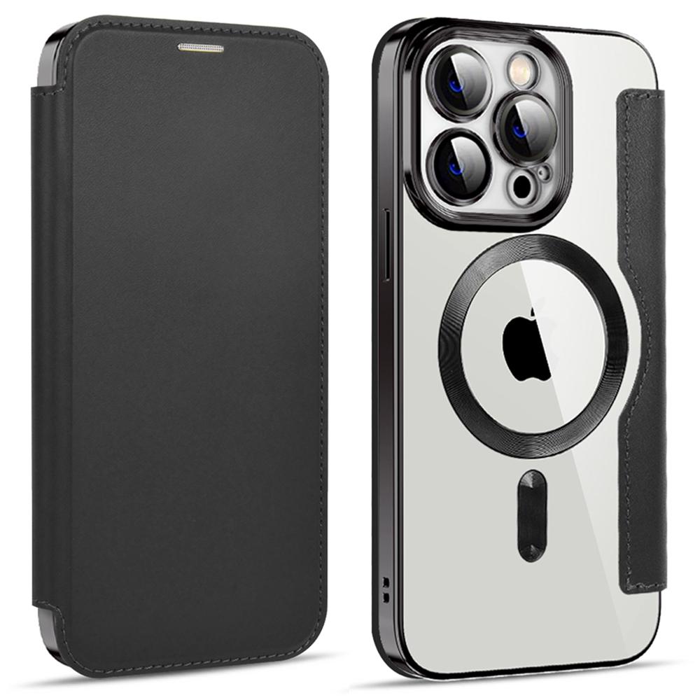 Чехол для iPhone 14 Pro, Совместимый с MagSafe, Блокировка RFID, Слоты для карт, Полностью закрывающий, ТПУ, Гальваническое покрытие, Прозрачная задняя крышка, Чехол-книжка с защитной пленкой для объектива