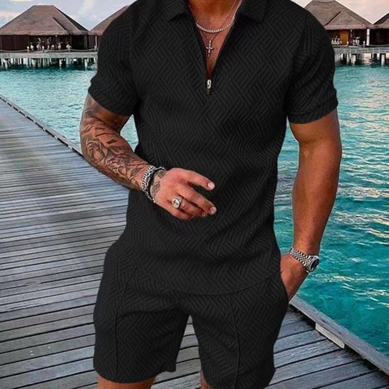Summer Mens Outfit 2-Piece Set Short Sleeve POLO Shirts and Shorts Set T-Shirt