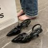 Black sexy word with bag head sandals women's 2024 summer new kitten heel buckle pointed high heel cool slippers