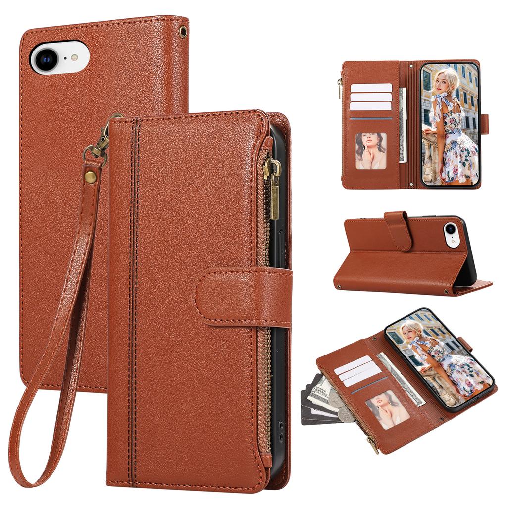 For iPhone 16e Case Multi Card Slots Zipper Leather Phone Cover with Wrist Strap