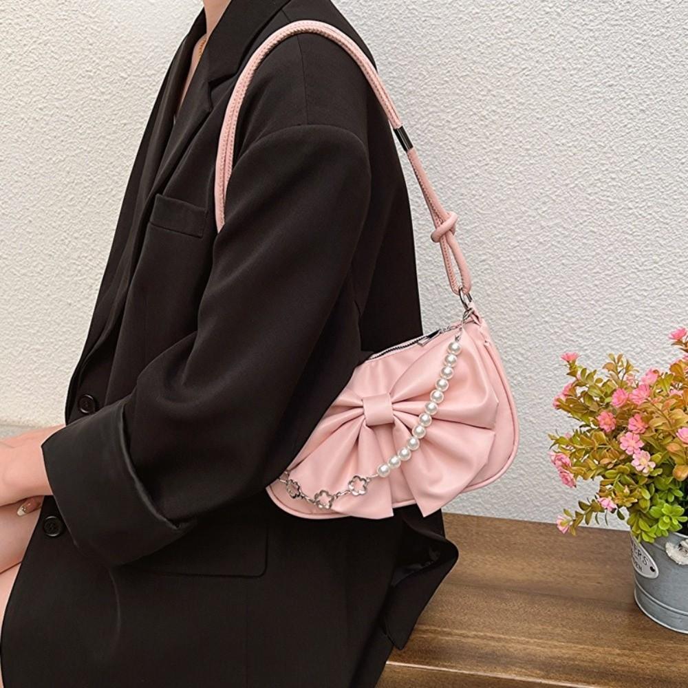 Solid Color Women Underarm Bag PU Leather Bow Handbag Simple Bowknot Shoulder Bag  Office Worker
