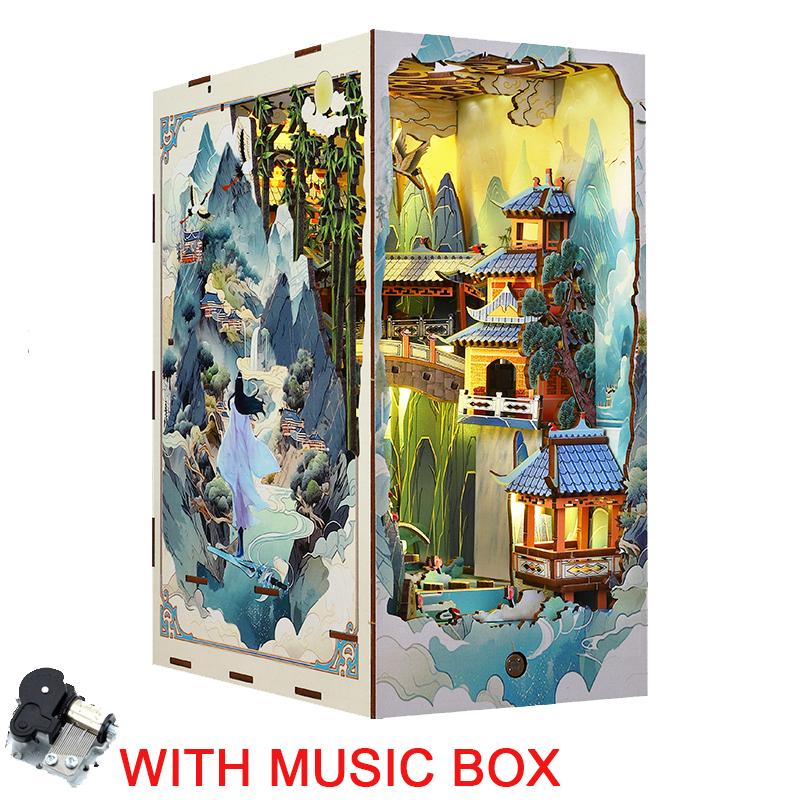 Retro DIY Wooden Book Nook Shelf Insert Miniatures Kits Chinese Penglai Wonderland Bookshelf Home Bookend Decor Handmade Gifts