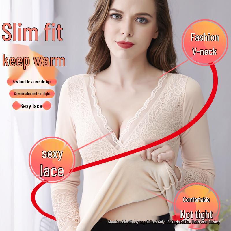 Топ в корейском стиле облегающего кроя с V-образным вырезом, на флисовой подкладке, тепловой, кружевной для женщин