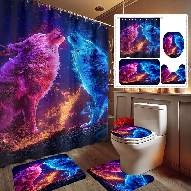 4pcs Twin Wolves Dancing in The Night Sky 2D Flat Printed Shower Curtain Set Decorating Bathroom Set Includes Shower Curtain