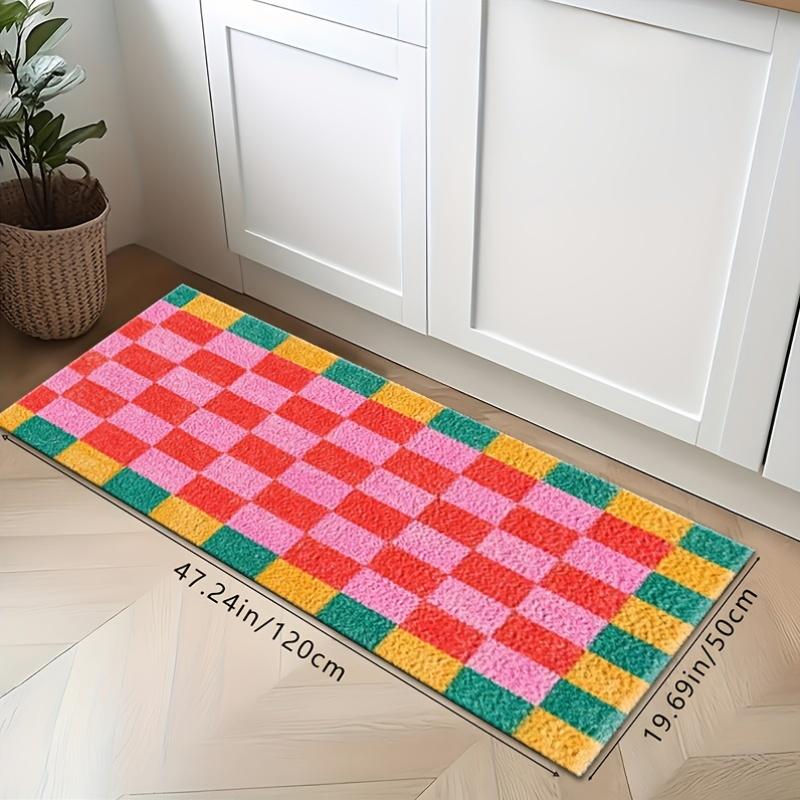 Vibrant Multicolor Checkered Kitchen Runner Rug, Non-Slip Washable Durable Mat for Kitchen, Laundry Entryway