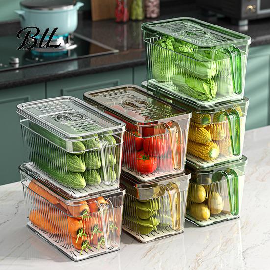 Kitchen Fridge Organizer Box Refrigerator Storage with Lid And Handle Built-in Drain Partition Transparent Container for Fruits Vegetables Fresh Food
