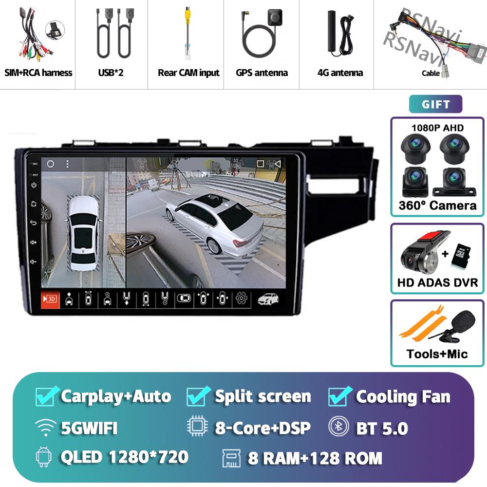 Android 14 Carplay Auto для Honda Jazz Fit 2014 - 2015 Автомобильный радиоплеер Мультимедиа стерео 360 Камера Навигация Видео AI Voice