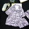 Three-piece Ice Silk Pajamas Women Short-sleeved Suit Purple Tiger Pattern Print Style Pajamas Sexy Home Wear