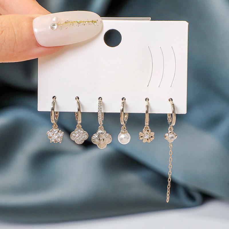 ANENJERY Zircon Flower Pearl Chain Tassel Earrings For Women Lovely 6-piece Earrings Set Student Gift