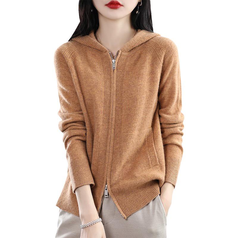 Женский вязаный кардиган на молнии с капюшоном - Длинный рукав, Универсальный, Свободный крой, Новинка моды Весна и Осень 2024