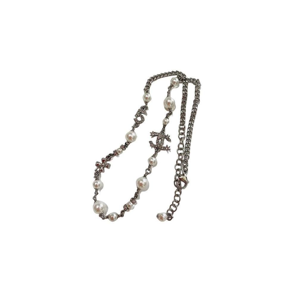 Chanel Double C Four Leaf Clover Rhinestone Necklace Women necklace Silver ABA420-B10535-NN148