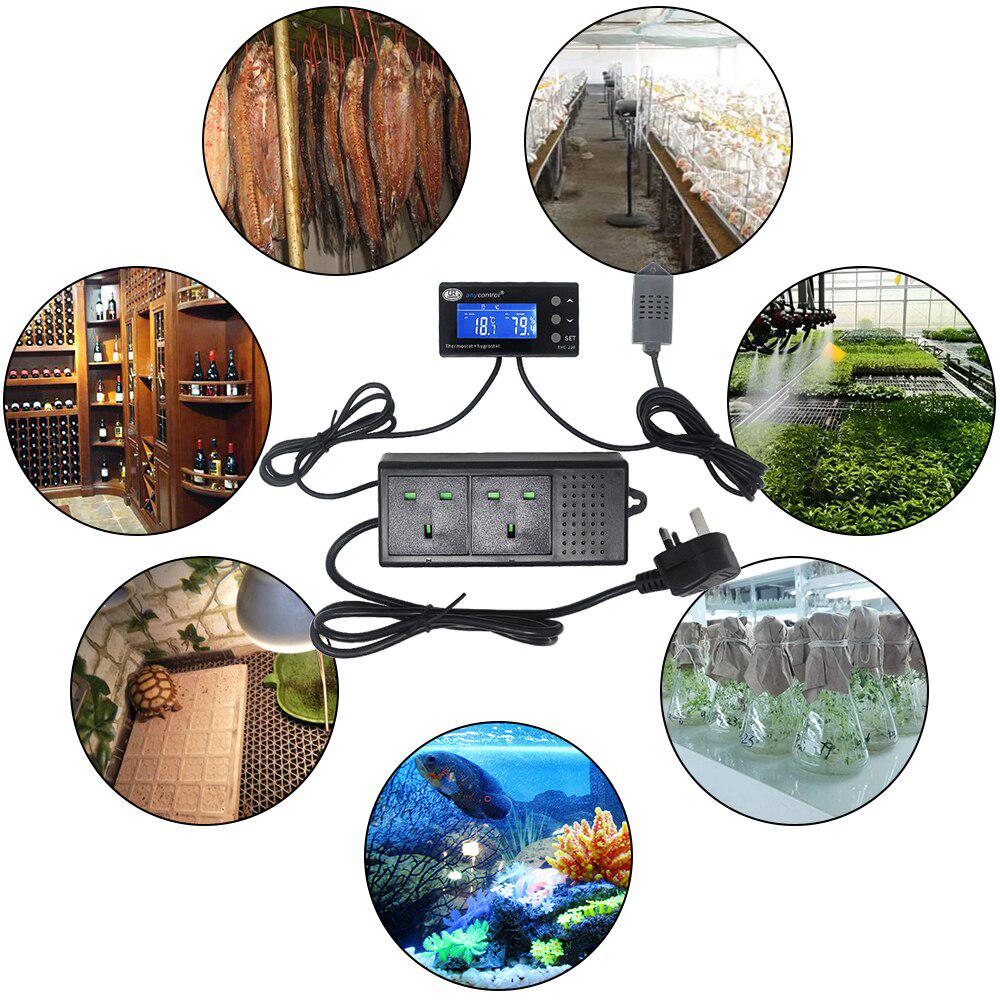 Цифровой контроллер температуры и влажности, выходное реле, термостат, регулятор гигростата 220 В, 10 А, THC-220EU, синий ЖК-дисплей, вилка европейского стандарта