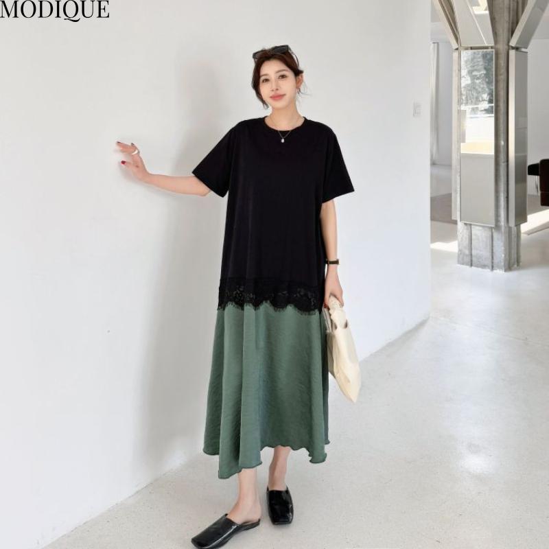 MODIQUE Summer Plus Size New Women Loose Elegant Printing Lace Pleated Patchwork Long Dress Female Casual Short Sleeve O-Neck Dresses