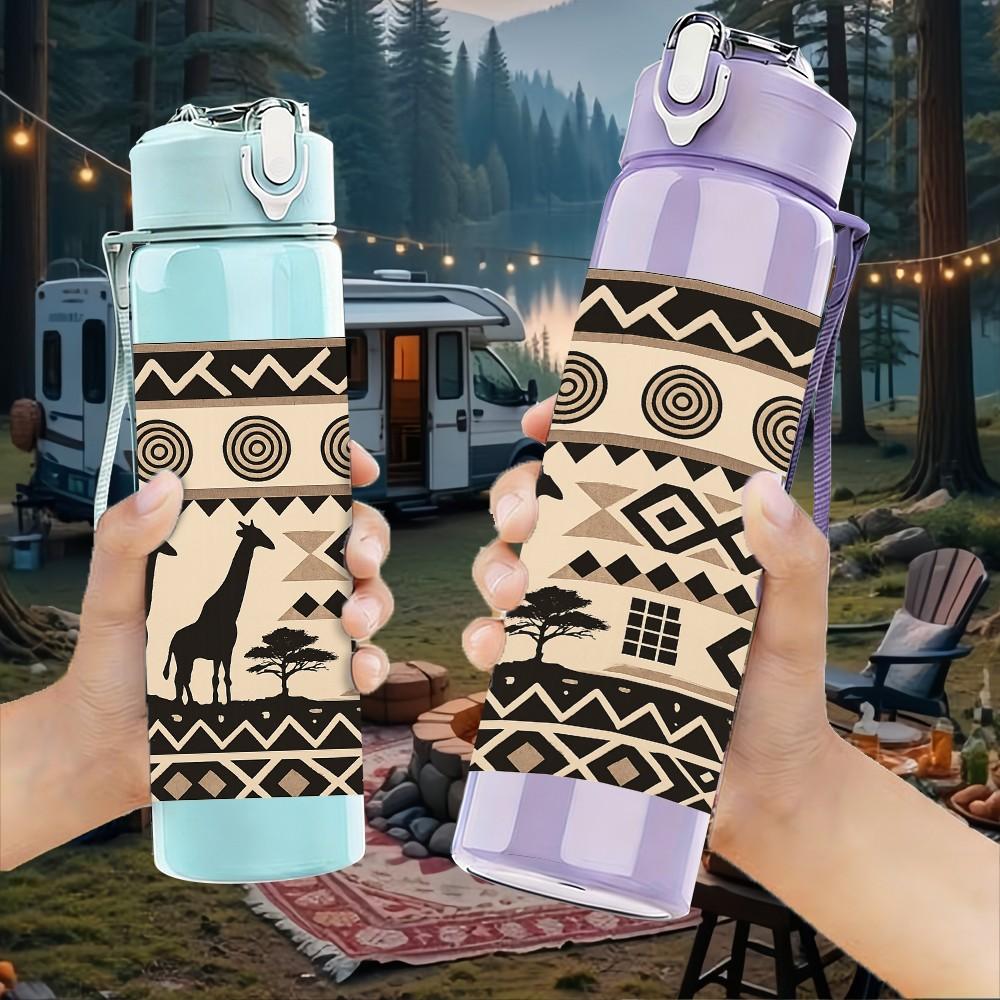 1PC Ethnic Tribal Animal Pattern Print 750ml Color Plastic Sports Water Bottle Leakproof Flip Straw Lid Suitable for Sports Office Home Use