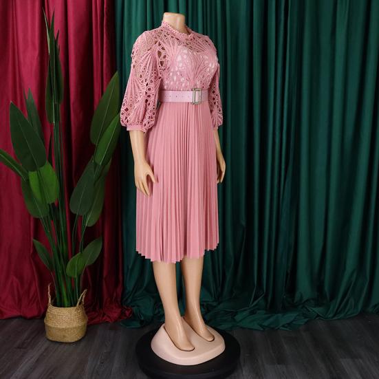 Женское платье миди 45720 с рукавами, кружевное вязаное крючком, с ажурной перфорацией, плиссированное, расклешенное