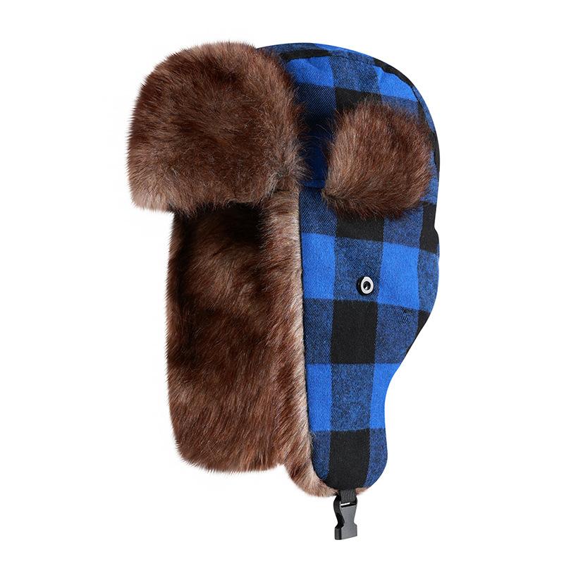Мужская модная зимняя теплая клетчатая шапка-ушанка с утолщенной флисовой подкладкой, термозащитная ухо-защитная шапка для отдыха на природе