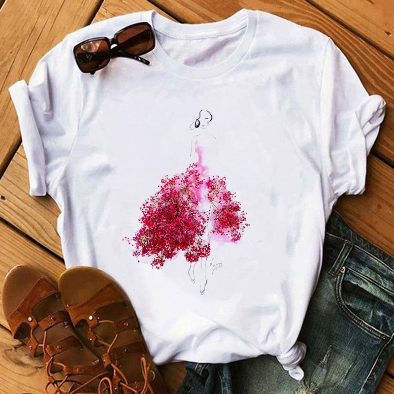 Мода Цветы Красная Роза Принт Юбка Футболка Женская Футболка Женская Харадзюку Короткий Рукав Летние Топы Футболка