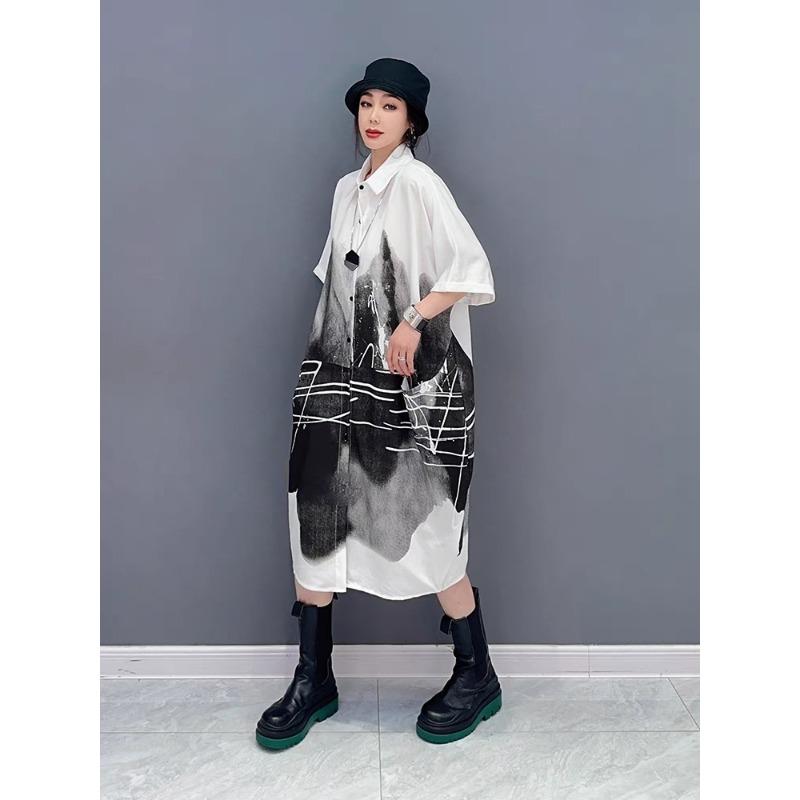 Dimanaf 2025 Летнее платье больших размеров для женщин, повседневное винтажное платье-рубашка, свободное базовое платье на пуговицах