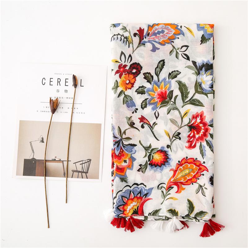 Ethnic Style Colorful Floral Print Summer Shawl – Versatile Cotton & Linen Silk Scarf for Women